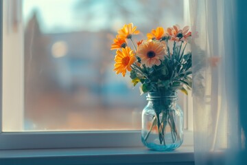 Yellow and orange daisies in glass jar on windowsill with soft light