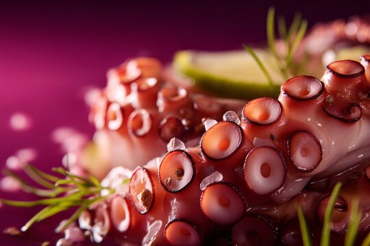 Captivating shot of a beautifully plated octopus dish, with fresh herbs and lime garnish.