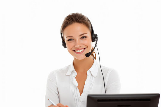 Teleoperadora joven, sonriendo, representante de servicio al cliente sonriente usando auriculares mientras trabaja en una computadora, sentada con fondo blanco