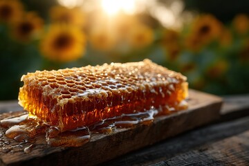 "Natural bee honeycomb structure in crystalline cross-section displayed on rustic wood, warm sunlight illuminating geometric honey cells with dreamy out-of-focus summer meadow and pollen dust in air"

