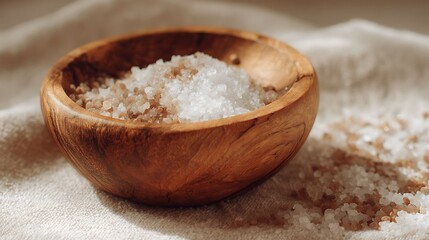 A wooden bowl filled with salt