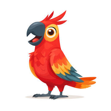 A cartoon parrot with bright red plumage stands cheerfully, ready for a tropical adventure on white background.