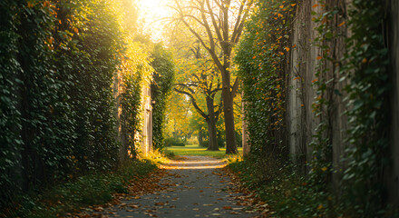 Obraz premium Autumn Pathway Through Trees with Sunlight and Golden Leaves in a Scenic Park View