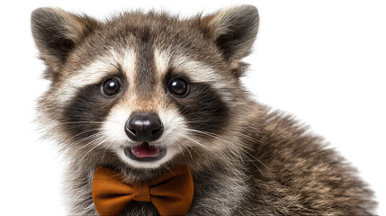 Obraz premium Close up portrait of a cute raccoon with a bow tie looking at the camera against a white background.