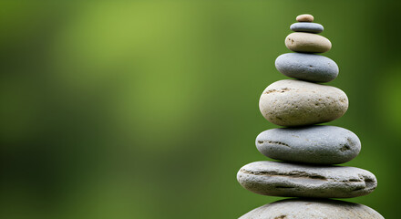 Fototapeta premium Balanced Stack Of Stones Against A Blurred Green Background Representing Peace And Tranquility