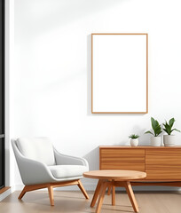 Fototapeta premium 3D rendering of a mockup white wall in a living room interior with an armchair and wooden table, plants on a sideboard against a window, Generative AI