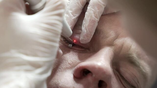 A dermatologist removes a neoplasm on a man's eyelid with a laser in a modern laser technology clinic, the concept of health, beauty and care. Close up 4k color corrected shot