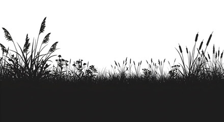 Black Silhouette Of Grass And Wild Plants Against White Background For Nature Concepts