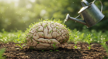 Brain With Growing Plants Being Watered In Garden Sunlight Conceptual Idea