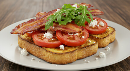 Breakfast Toast With Bacon Tomatoes Feta Cheese And Arugula On White Plate Over Wooden Surface
