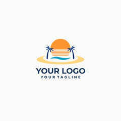 Minimalist Beach Logo with Palm Tree and Waves