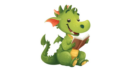 Fototapeta premium A cute green dragon character is happily reading an open storybook while sitting against a white background.