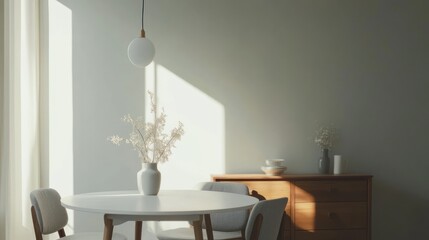 Sunlit dining room, minimalist decor, peaceful morning