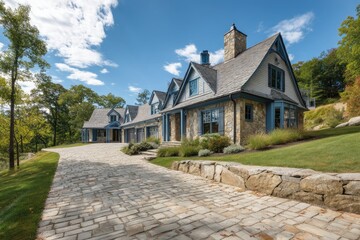 Hilltop home with long stone driveway and blue detailing --ar 3:2 --v 7 Job ID: 13411cf8-4854-402f-8b78-d750a136dbeb