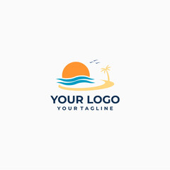 Fototapeta premium Minimalist Beach Logo with Palm Tree and Waves