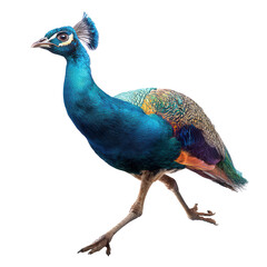 Obraz premium A vibrant blue peacock walks gracefully across a white background, its elegant feathers shimme brightly.