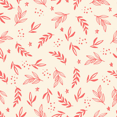 Hand Drawn Simple Line Leaves Vector Seamless Pattern