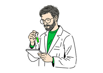 Scientist examining a test tube, sleek vector illustration with glowing liquid, lab coat wrinkles, and precise details