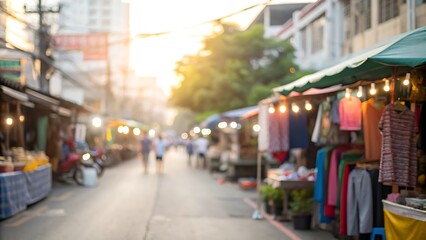 Obraz premium Vibrant market scene at dusk city street blurred background warm lighting urban vibe