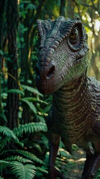 A Velociraptor stands in a dense prehistoric forest. Lush ferns and dappled sunlight filtering through the trees. The dinosaur appears alert and aggressive, showcasing predatory nature