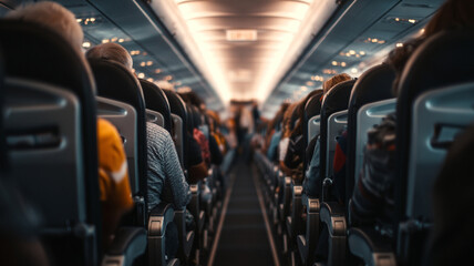 Passengers seated inside commercial airplane cabin, illuminated by soft overhead lighting