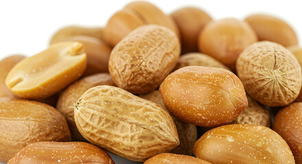 Obraz premium Close Up View of Roasted Peanuts with Textured Shells on a White Background