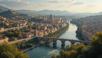 Obraz premium Panoramic View of Bassano del Grappa, Italy: A Majestic River Cityscape