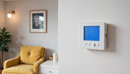 Smart thermostat installed in a modern living room setting  