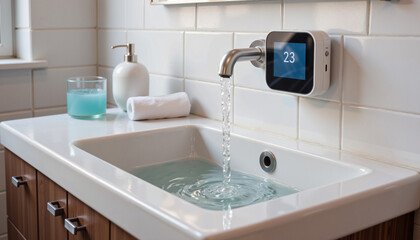 Fototapeta premium Smart digital thermostat in modern bathroom with flowing water, innovation 