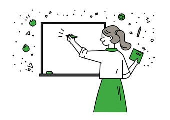 Teacher writing on a whiteboard, clean vector design with chalk dust and educational icons