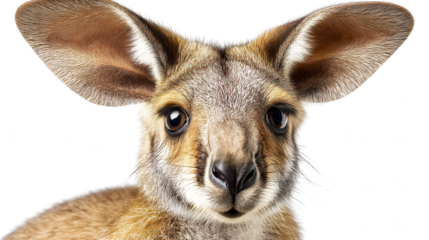 An adorable wallaby joey curiously peers forward with its large ears prominent against white background.
