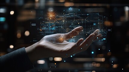 Futuristic hand displaying complex digital interface, data visualization