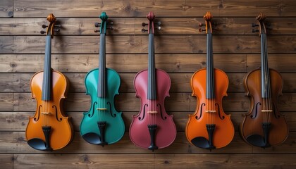 Naklejka premium Colorful Violins Hanging on a Wooden Wall: A Symphony of Instruments