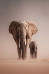Obraz premium Elephants walking in desert, mother and baby facing forward