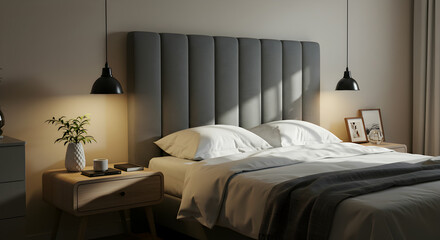 Elegant Bedroom Interior with a Large Bed White Bedding and Gray Headboard with Wooden Nightstands and Black Pendant Lamps