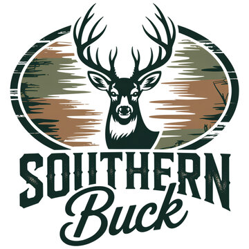 Southern Buck Deer Hunting Logo - Vintage Rustic Antler Design for Outdoor Apparel and Merchandise