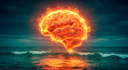 Fiery Brain Emerging From Ocean Conceptual Artwork Depicting Idea and Innovation