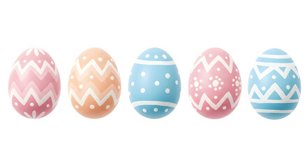 Five Pastel Easter Eggs With White Decorative Patterns Isolated on White