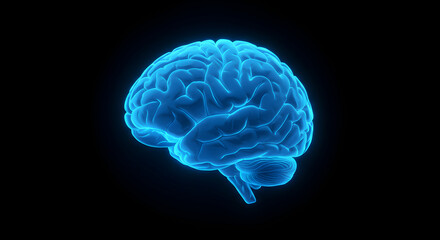 Glowing Blue Brain Model on Black Background Representing Intelligence and Mind
