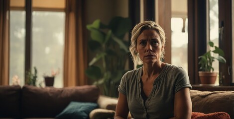 In a humble living space, a resolute single mother gazes silently through the window, her crossed arms reflecting unwavering determination.

