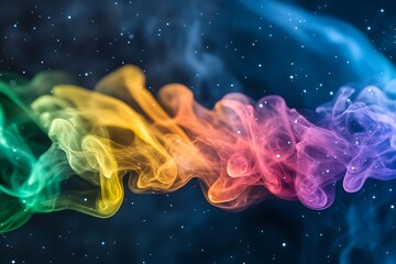 Obraz premium Abstract Rainbow Smoke Art With Sparkling Particles On Dark Blue Background For Modern Design Concepts