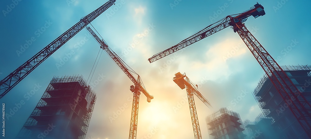 Poster aerial construction scene featuring tower cranes lifting heavy loads with empty background space for