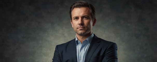 A poised businessman, standing tall with crossed arms, emanates confidence and commanding authority.

