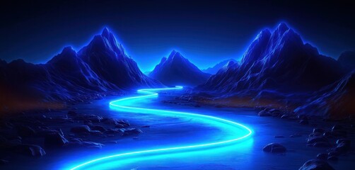 Glowing blue river winding through dark, neon-lit mountains at night.