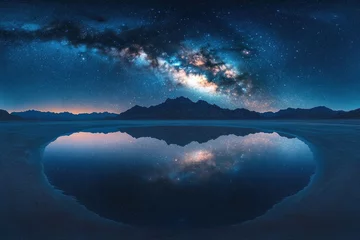 Milky Way galaxy reflected in a still desert lake, mirroring the starry night sky and mountain range.