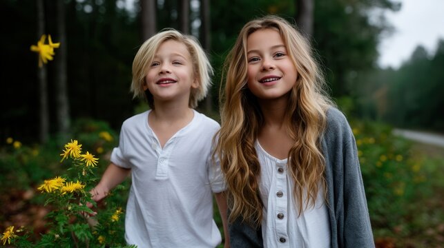 Happy children enjoying a walk in the forest with wildflowers and greenery on a cloudy day