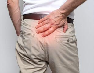 Close-up of a man in trousers standing with his hand on his buttocks, showing pain in his buttocks.