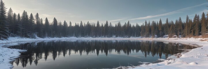 Obraz premium Icy lake surface mirroring pale winter sky, sunlight through evergreens, lake, trees