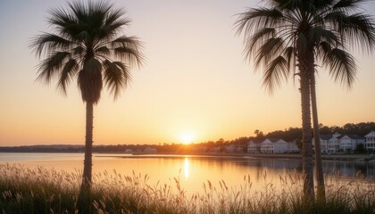 Fototapeta premium Serene Sunset over Coastal Houses and Palm Trees
