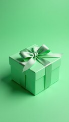 Soft green gift box with satin bow and ribbons on matching background , closeup, green